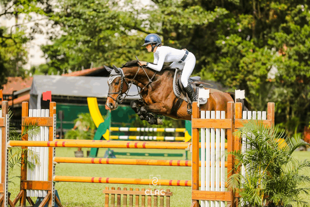 Capacetes personalizados para hipismo: atleta Patsy Zurita Piquet montando o cavalo em competição.